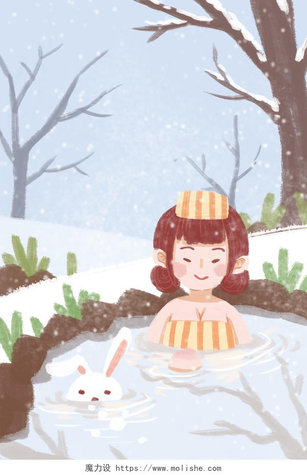 卡通手绘冬天小雪泡温泉原创人物素材